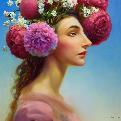 Image similar to a portrait of a romantic woman with flowers grow out of hair, roses peonies forget-me-nots dahlias lupins gladioli, sky theme in background, by Alexandr Averin, Digital Art, Trending on artstation