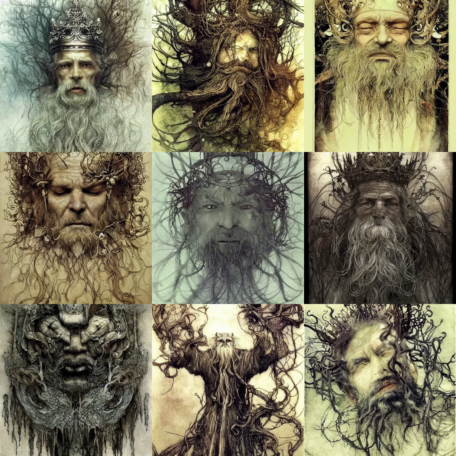 Prompt: ancienct, wise, [ forgetful ], quirky, old, [ blind ] king of faes ( with long, white beard, and strange crown ), fantasy, whimsical, broad light, light caustics effect, botanical artwork, illustration by alan lee, ruan jia and arthur rackham, trending on pinterest. com