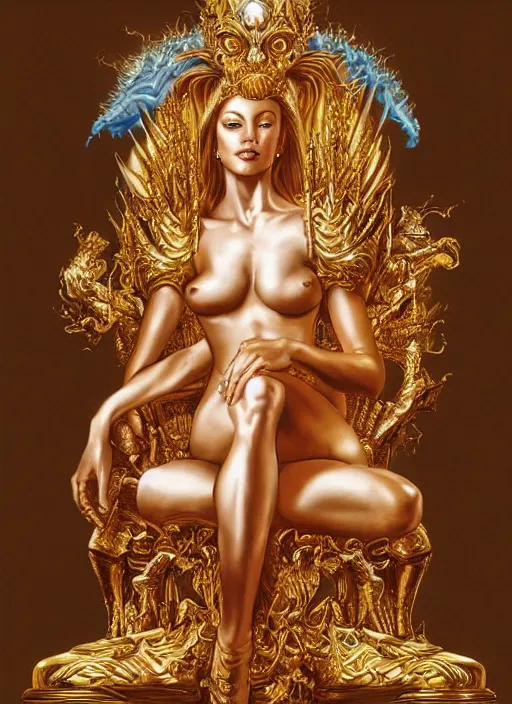 Image similar to airbrush painting of an amazing golden queen seated over a fantasy throne, by hajime sorayama and boris vallejo, realistic, hyperdetailed, centered, fantastic, masterpiece, trending on artstation,