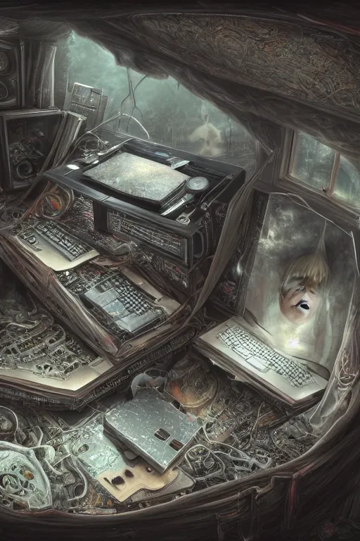 Image similar to the inside of a computer by mahmoud farshchian, mia brownell, very detailed, maximalism, ambient occlusion, volumetric light, atmospheric haze, hyper realism, realistic shading, cinematic composition, realistic render, photorealistic, wide shot