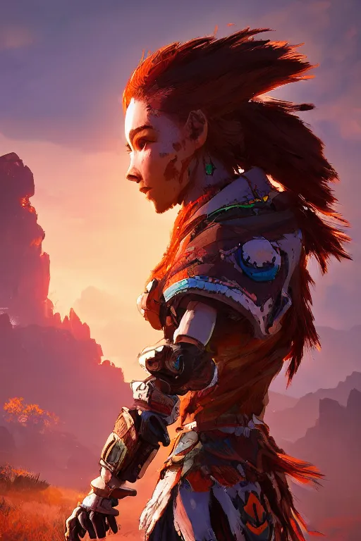 Image similar to combination suit armor aloy horizon forbidden west horizon zero dawn radiating a glowing aura global illumination ray tracing hdr fanart arstation by ian pesty and alena aenami artworks in 4 k tribal robot ninja mask helmet backpack