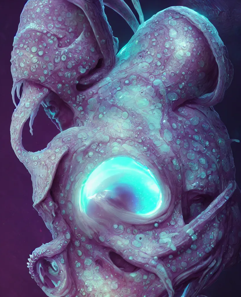 Image similar to hooded goddess close - up portrait hooded human skull, ram skull, squid phoenix jellyfish, orchid, betta fish, bioluminiscent, intricate artwork by tooth wu and wlop and beeple. octane render, trending on artstation, greg rutkowski very coherent symmetrical artwork. cinematic, hyper realism, high detail, octane render, 8 k