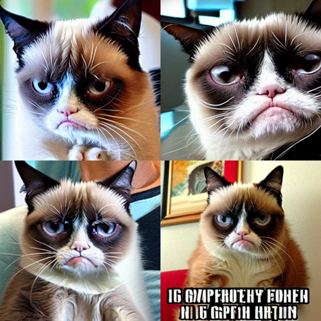 Prompt: Grumpy cat turns his frown upside down
