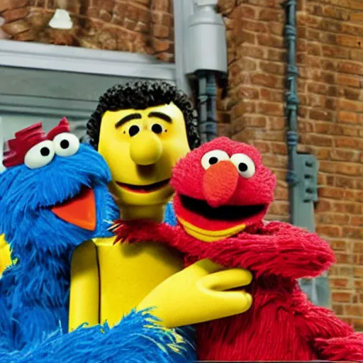 Prompt: Still from Sesame Street episode where Bert and Ernie build a Lego set