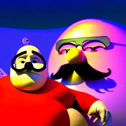 Prompt: a render of a round fat man in a red jumpsuit, wearing shiny black goggles, long pointy pink nose, long spikey moustache, bald, light brown moustache, large cartoonish hands with white gloves, evil villain grin, high tech, hdr, 4 k, he is standing over the lorax, the lorax is on the ground, 3 d