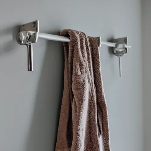 Image similar to a single bathrobe belt on a metal towel rack, tile wall