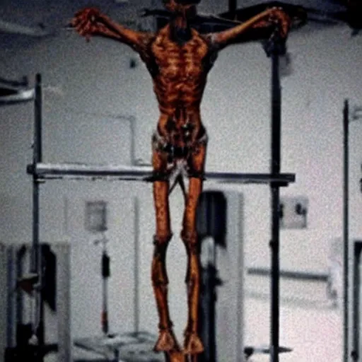 Image similar to an alien getting crucified in an experimental lab, realistic found footage video, grainy