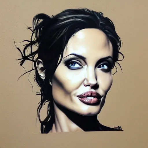 Image similar to Street-art portrait of Angelina Jolie in style of Banksy, photorealism