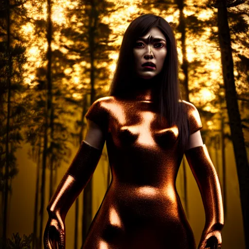 Image similar to highly detailed, ultra realistic, cinematic, woman full body with a copper nose and copper claws, high detail, 8 k, sharp focus, movie still, dramatic lighting, ray tracing, smooth, a female evil demonic character of kazakh mythology, jeztyrnak, standing in the night forrest