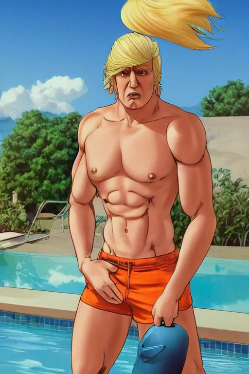 Image similar to a handsome man with blonde hair who is also a male android, ken, donald trump, muscular, wearing a cut-off white tank top and short light orange shorts, stands by a swimming pool, facing forward, in the style of artgerm and moebius and annie liebovitz, photorealistic, highly detailed