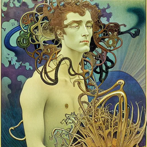 Image similar to an average man with his briefcase in his left hand by Jean Delville, Amano and Yves Tanguy and Alphonse Mucha and Ernst Haeckel and Edward Robert Hughes and Roger Dean, pale muted pastel moody colors, gold eyes