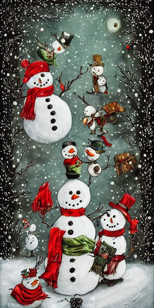 Image similar to a snowman family christmas scene by alexander jansson