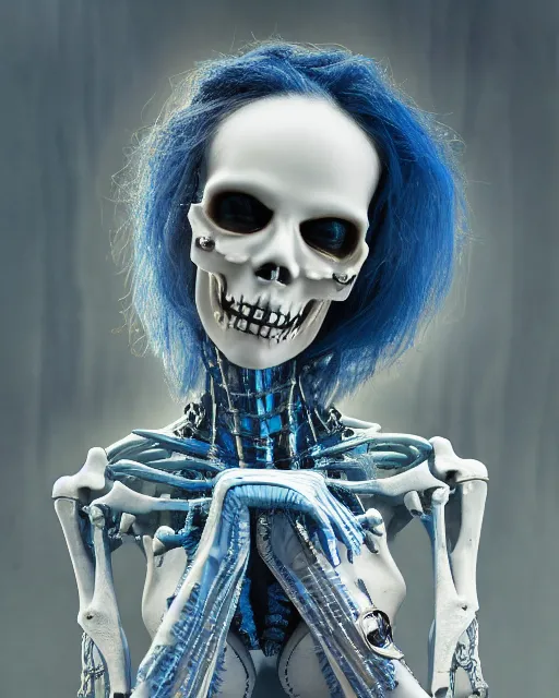 Image similar to natural light, soft focus portrait of a cyberpunk skeletal corpsebride, octane render, tilt shift, polaeized light, blue bioluminescent plastics, smooth shiny metal, elaborate ornate head piece, piercings, skin textures, by annie leibovitz, paul lehr