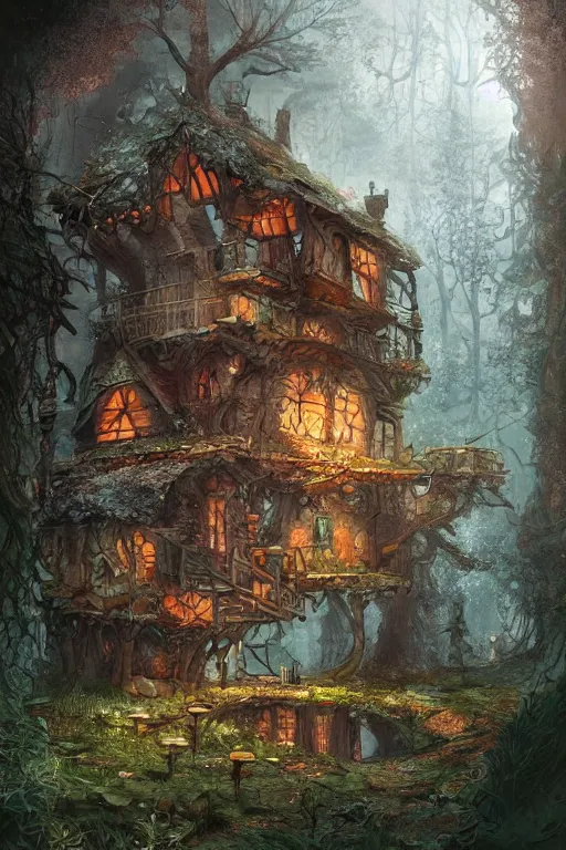 Image similar to a storybook style ramshackle multistory fairytale hut in the forest, by Marc Simonetti, intricate, elegant, fantasy, highly detailed, digital painting, concept art, sharp focus, artstation