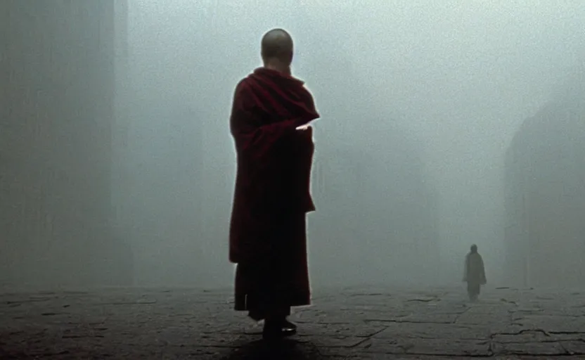 Prompt: a still of a cyborg buddhist monk walking around the city in Blade Runner (1987), cinestill 800t,