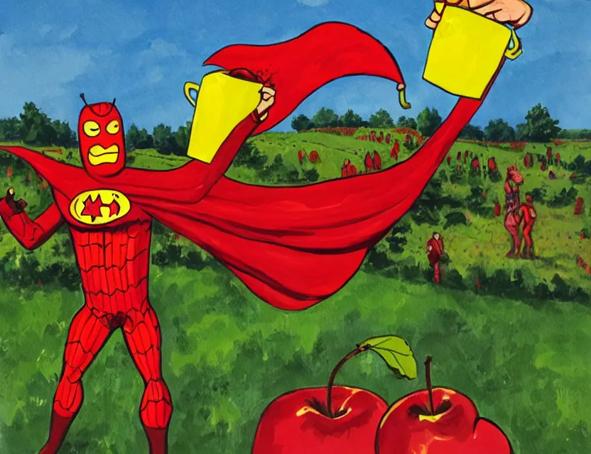 Prompt: cider - man, the superhero who really likes apple juice, in an orchard. this gouache painting by the award - winning comic artist has dramatic lighting, an interesting color scheme and great sense of depth.