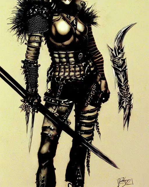 Prompt: portrait of a skinny punk goth warrior wearing armor by simon bisley, john blance, frank frazetta, fantasy, sorceror