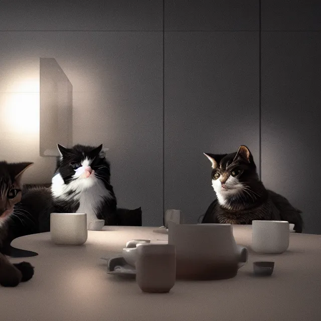 Image similar to cats in a business meeting, dark cinematic, volumetric, realistic, cinematic lighting, ray tracing, unreal engine 5, unreal engine render, octane render, hyper realistic, photo, 8 k