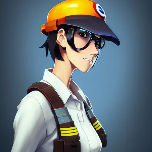 Image similar to beautiful makoto shinkai anime style digital painting portrait of engineer woman from team fortress 2 by valve, 4 k, 8 k, hd, high resolution, highly detailed, intricate detail, ultra realistic faces, digital art, trending on artstation, team fortress 2, your name, weathering with you