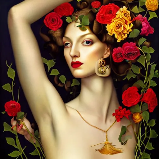 Image similar to dynamic composition, a painting of woman with hair of ( summer flowers )!! and vines wearing ornate earrings, ornate gilded details, a surrealist painting by tom bagshaw and jacek yerga and tamara de lempicka and jesse king, featured on cgsociety, pop surrealism, surrealist, dramatic lighting, wiccan, pre - raphaelite