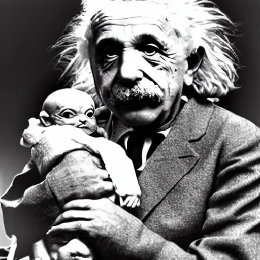 Image similar to b&w photo of Einstein holding baby Yoda on his arm