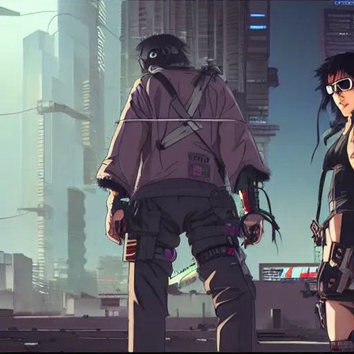 Image similar to cyberpunk sonny barger and hunter thompson, ghost in the shell, anime key visual, wit studio official media, cyberpunk wired city, smoke and rubble, high detail