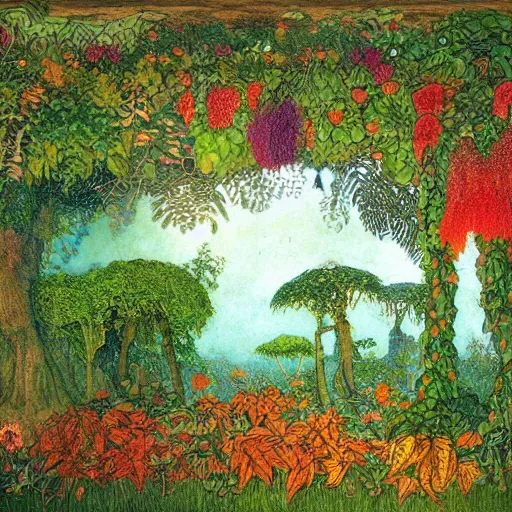 Image similar to jungle scene, leaves, vines, flowers, intricate details, volumetric lighting, vivid colors, panorama, Artwork by Elsa Beskow