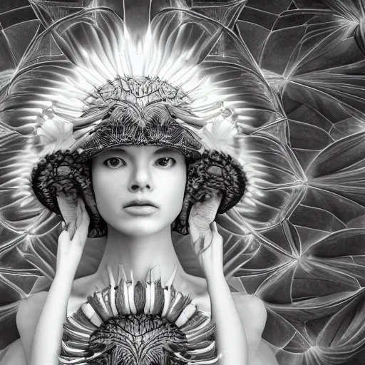 Image similar to mushroom goddess with extremely elegant headdress with group of elders in a ceremony for plant medicine, beautiful, marvelous designer, cloth physics, mocap, deviantart, yoshitaka amano, alex grey, black and white, beautiful lighting, photorealistic, concept art, perfect render, 3 d render, unreal engine, 8 k