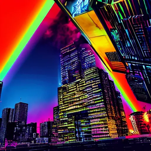 Prompt: cityscape, hole in the sky, computer device metal black hard angles with cyberpunk city dark background neon rainbow vivid colors stardust photo smoke 8k