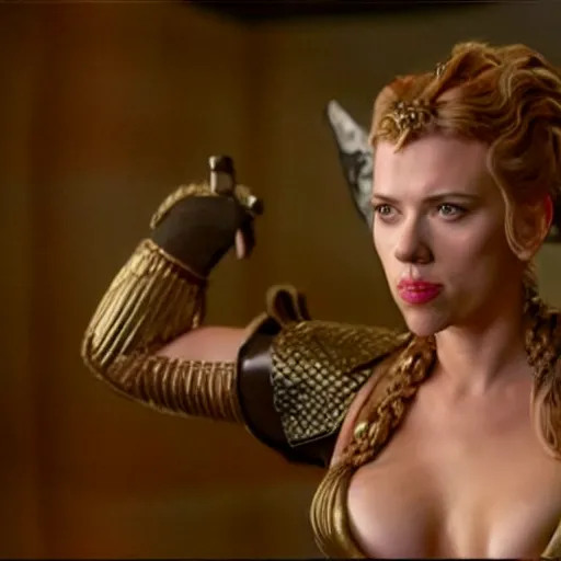 Image similar to Film still of Scarlett Johansson as Slave Leia from Star Wars