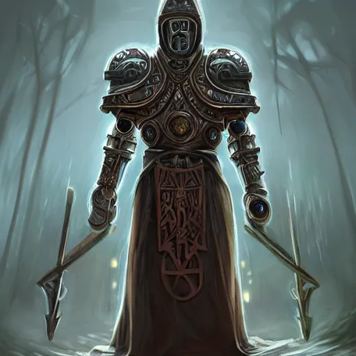 Image similar to beautiful magical warforged construct humanoid wood steel holy warrior cleric crusader runes norse runes germanic warforged tunic hooded cloak runic, glowing eyes, intricate, elegant, highly detailed, digital painting, artstation, concept art, smooth, sharp focus, illustration, art by artgerm and greg rutkowski and alphonse mucha and loish and wlop