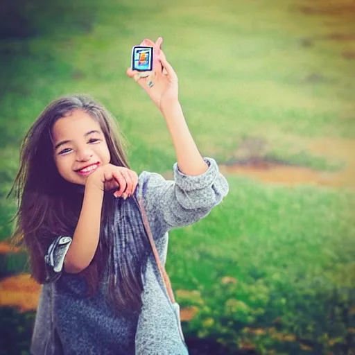 Image similar to “portrait of a young girl taking a selfie with heart emojis floating around”