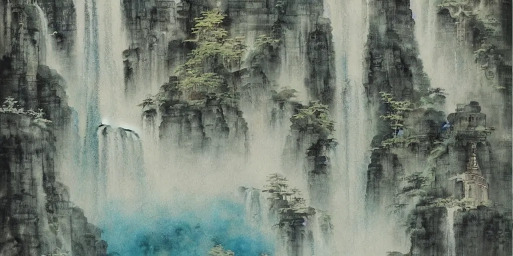 Image similar to “ large temple in the middle of waterfall in chinese watercolor painting, oil painting, masterpiece, aesthetic ”