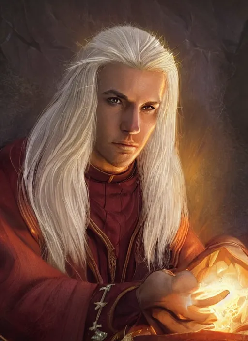 Image similar to male priest blonde parted hair healer, dndbeyond, bright, colourful, realistic, dnd character portrait, full body, pathfinder, pinterest, art by ralph horsley, dnd, rpg, lotr game design fanart by concept art, behance hd, artstation, deviantart, global illumination radiating a glowing aura global illumination ray tracing hdr render in unreal engine 5