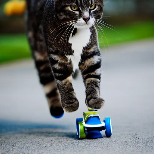 Prompt: a cat on roller skates strolling through central park, close-up shot, 33mm photograph