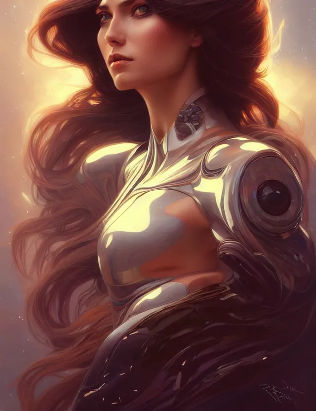 Image similar to futuristic woman portrait, sci-fi, amber eyes, face, long hair, fantasy, intricate, elegant, highly detailed, digital painting, artstation, concept art, smooth, sharp focus, illustration, art by artgerm and greg rutkowski and alphonse mucha