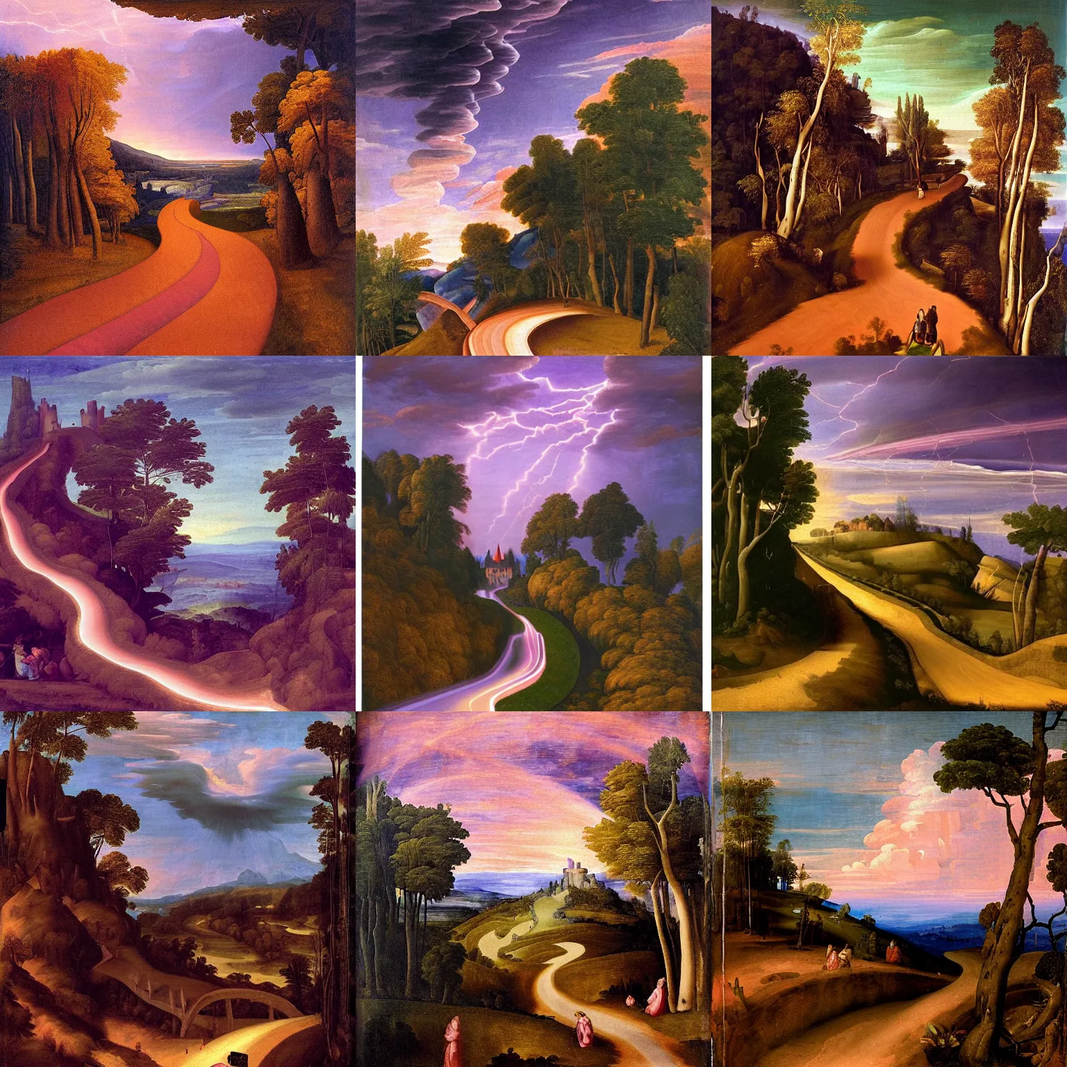 Prompt: renaissance painting of a steep and multiple curves path to a violet evil fantasy castle on a high dark blue hill at night, orange to pink gradient sky and thunderstorm background. forest underneath. glowing wagon on the path