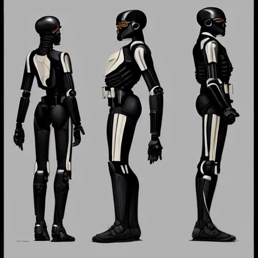 Prompt: A black stormtrooper cyborg, weta digital character model sheet turnaround, studio, trending in Artstation, official media, 4K HD, by Bill Presing and Ilya Kuvshinov and Alphonse Mucha and Artgerm and zaha hadid and santiago calatrava