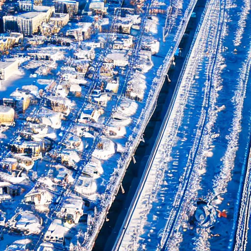 Image similar to santa monica pier covered in snow, aerial photo, sigma 2 4 mm