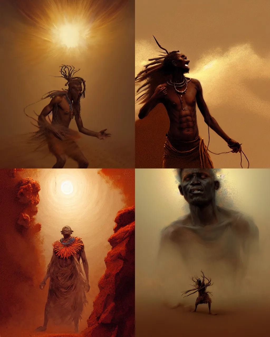 Prompt: A digital painting of a namibian shaman summoning the spirits of the earth through a sandstorm, detailed and dramatic, by Greg Rutkowski and Craig Mullins