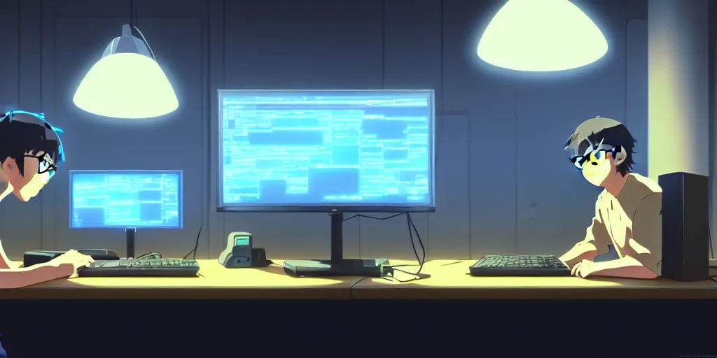 Prompt: a nerdy boy is programming at a computer in a room full of gadgets, by makoto shinkai and ghibli studio, dramatic lighting, highly detailed, incredible quality, trending on artstation