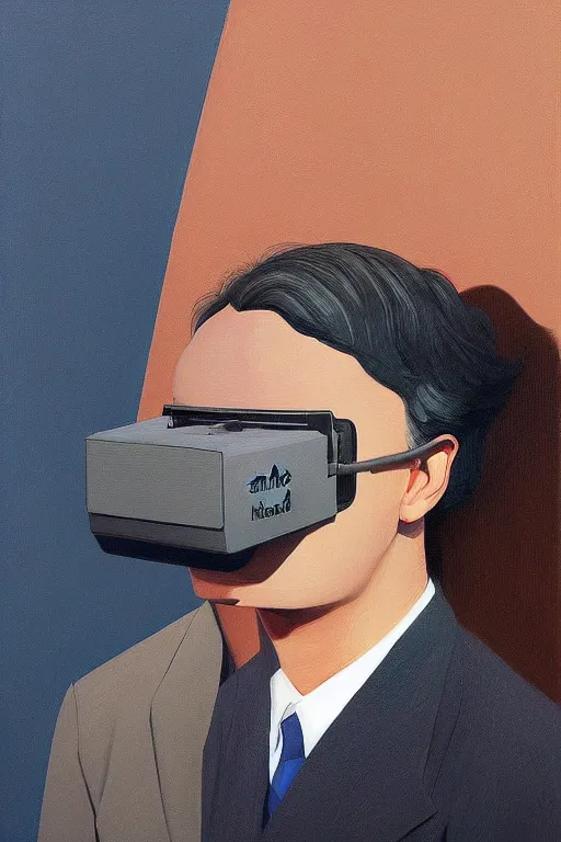 Image similar to Satoshi Nakamoto wearing oculus and bitcoin over his head Edward Hopper and James Gilleard, Zdzislaw Beksisnski, highly detailed