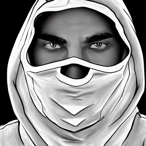 Prompt: a highly detailed headshot portrait of a man wearing a balaclava with a hoodie concept art