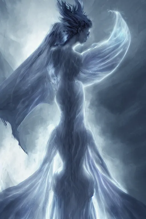 Image similar to Backview of the Flame Fairy Goddess in an Arcane Dress, atmospheric, volumetric lighting, realistic, illustration, fantasy, magic, arcane energy, ultra detailed