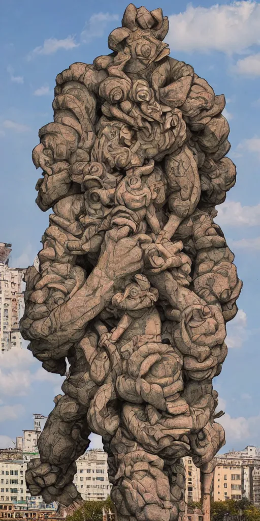 Image similar to giant grotesque flower proletariat statue in the middle of abandoned early soviet constructivist cityscape, Stalinist architecture, ultradetailed by Hayao Miyazaki and Josan Gonzalez and Makoto Shinkai and Giuseppe Arcimboldo and Wes Anderson