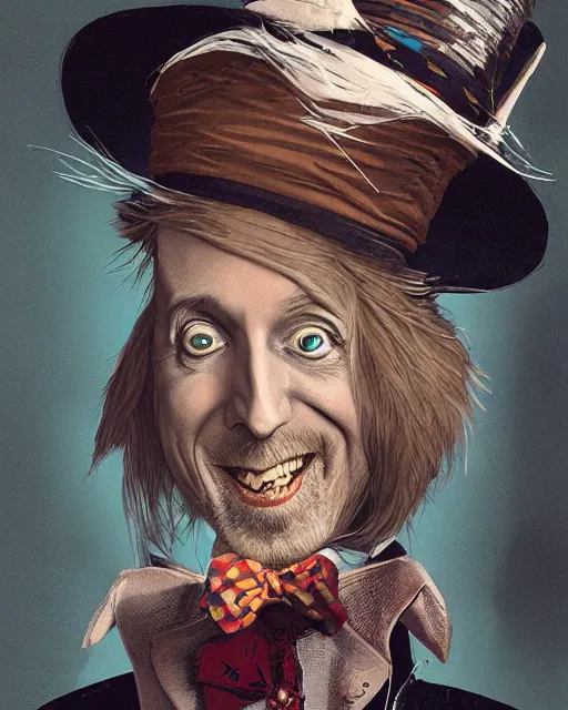 Image similar to tom petty as the mad hatter, contrast, kim jung gi, greg rutkowski, zabrocki, karlkka, jayison devadas, trending on artstation, 8 k, ultra wide angle, zenith view, pincushion lens effect