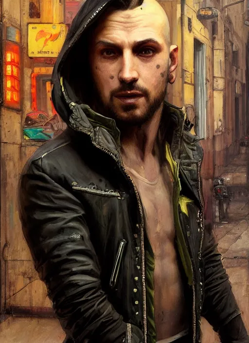 Image similar to Crazy Ivan. Wild Russian cyberpunk hitman wearing a jacket. (Cyberpunk 2077, bladerunner 2049). Crazy eyes. Iranian orientalist portrait by john william waterhouse and Edwin Longsden Long and Theodore Ralli and Nasreddine Dinet, oil on canvas. Cinematic, vivid colors, hyper realism, realistic proportions, dramatic lighting, high detail 4k