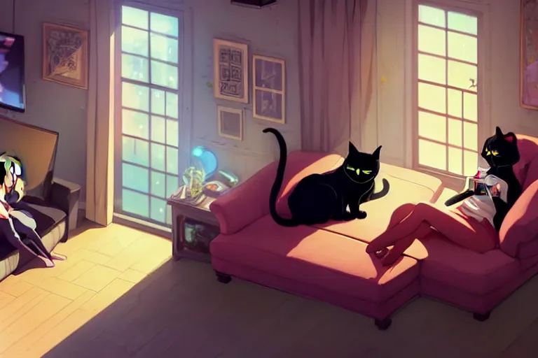 Prompt: a young woman sitting on a living room sofa playing xbox, a black cat is asleep next to her, wide angle shot from above, golden curve composition, animation portrait concept art, style of makoto shinkai, xision, james jean and peter mohrbacher, studio ghibli, artgerm, karol bak, dan mumford, 4 k hd, animation style