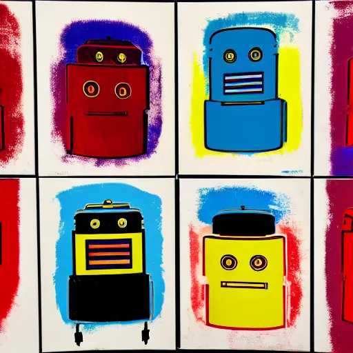 Image similar to old robot, 6 panels by andy warhol, with highly contrasted colors and an illuminating background