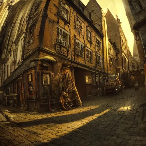 Prompt: 1 7 th century!!!!! town street, cinematic photography, fisheye!!!!! lens, ( ( ( ( ( worm's - eye view ) ) ) ) ), illustrated by max hay, artstation, cgsociety contest winner, dramatic lighting, vignette